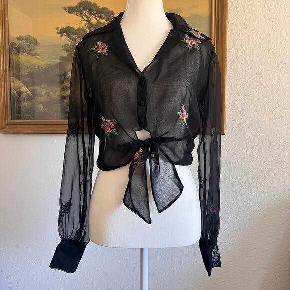 Vintage 70s black sheer crop top blouse floral embroidered boho whimsigoth Small - Picture 1 of 10